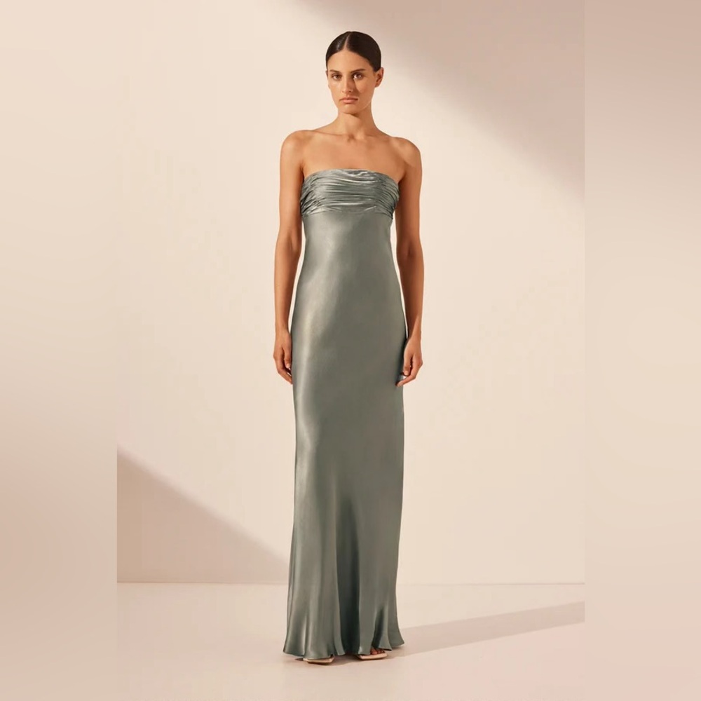 Shona Joy La Lune Strapless Ruched Bodice Maxi Dress, Sage Green - Size 4